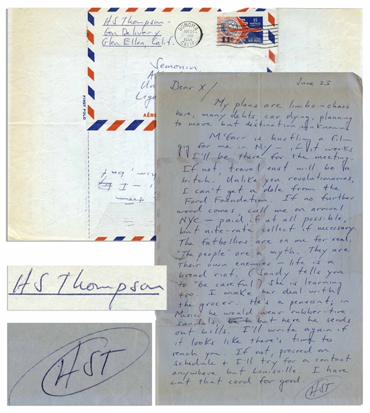 Hunter S. Thompson Autograph Letter Twice-Signed -- ''...'The People' are a myth. They are their own enemies - life is a bread riot...''
